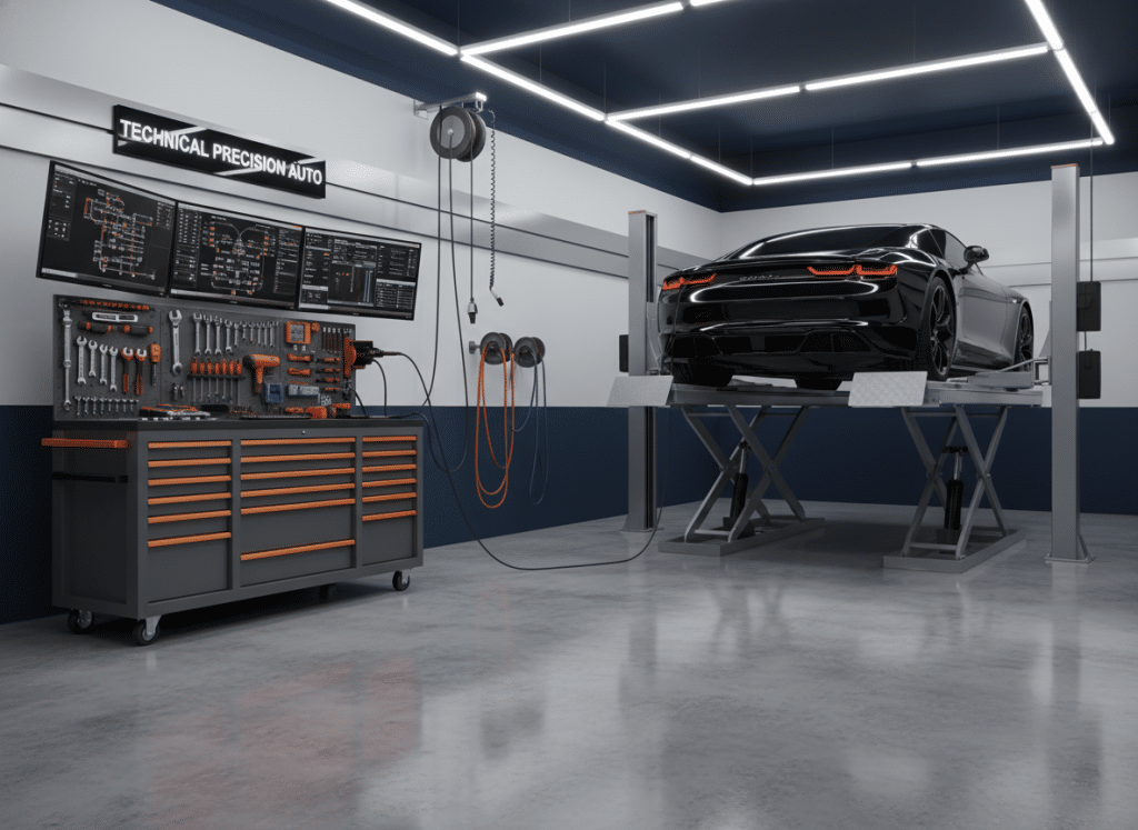 Automotive diagnostic tools and equipment in modern Christian auto repair facility