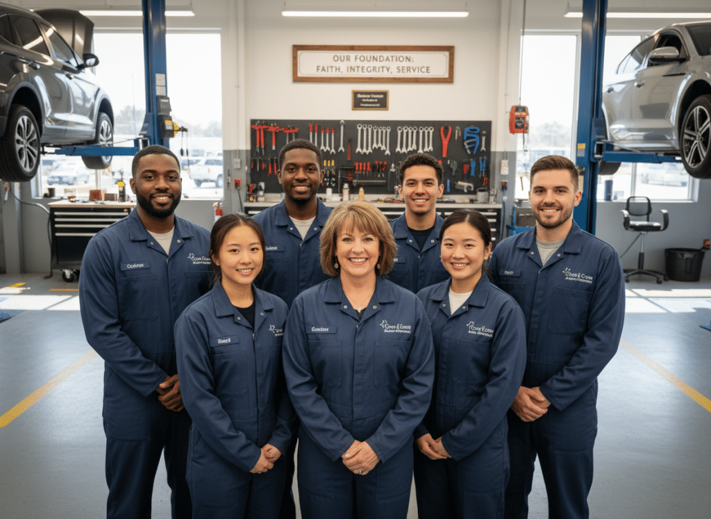 Christian auto repair business owner with team in professional shop setting