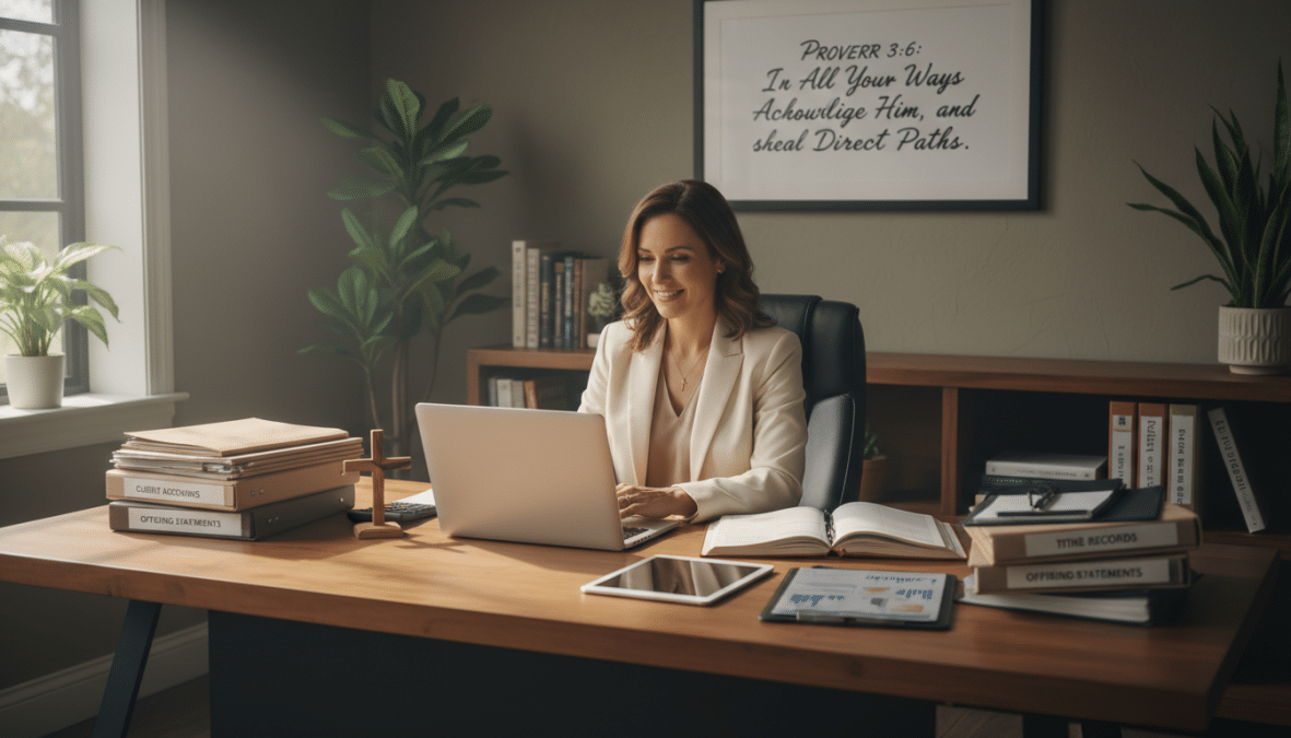 Christian bookkeeper working on financial records with laptop and documents in professional office