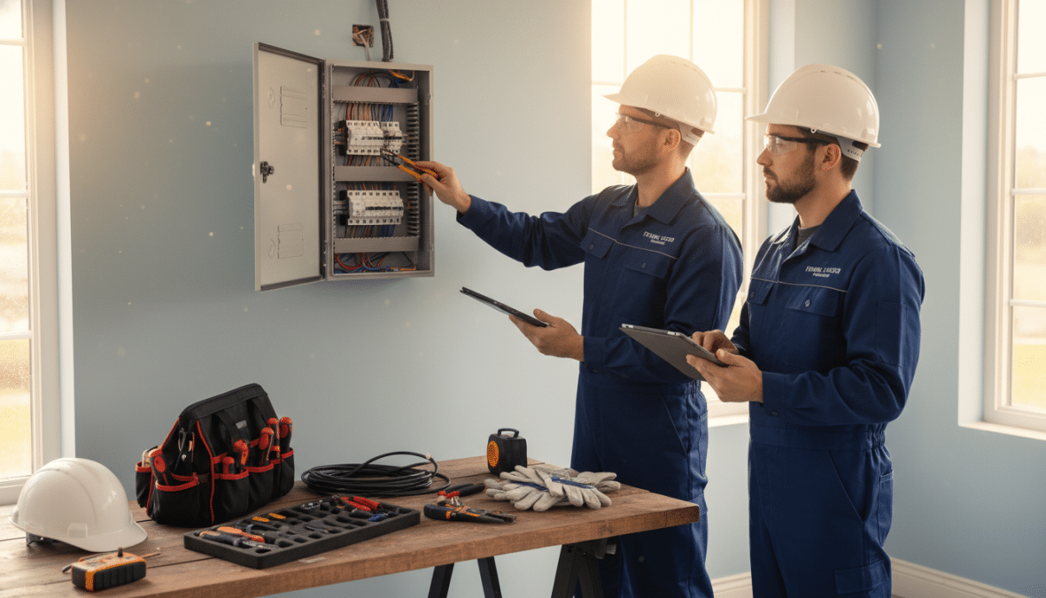 Christian electrical contractors working on residential electrical panel installation