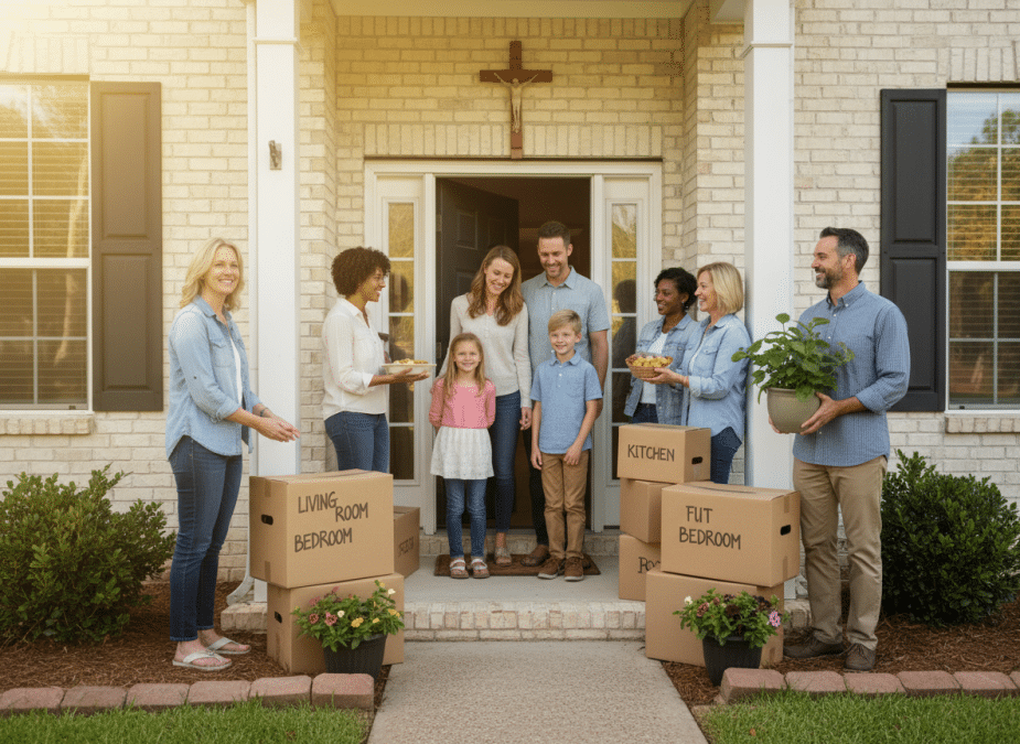 Christian family moving into new home greeted by church community