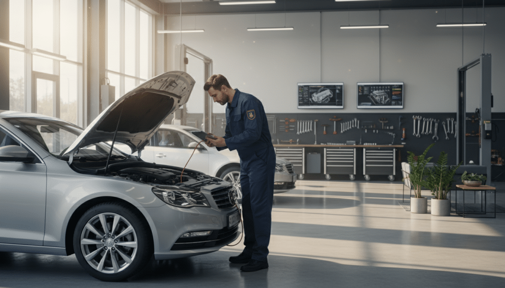 Christian mechanic inspecting vehicle engine in professional auto repair shop