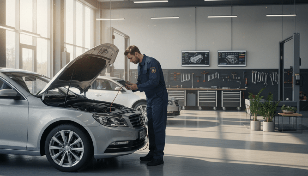 Christian mechanic inspecting vehicle engine in professional auto repair shop