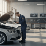 Christian mechanic inspecting vehicle engine in professional auto repair shop