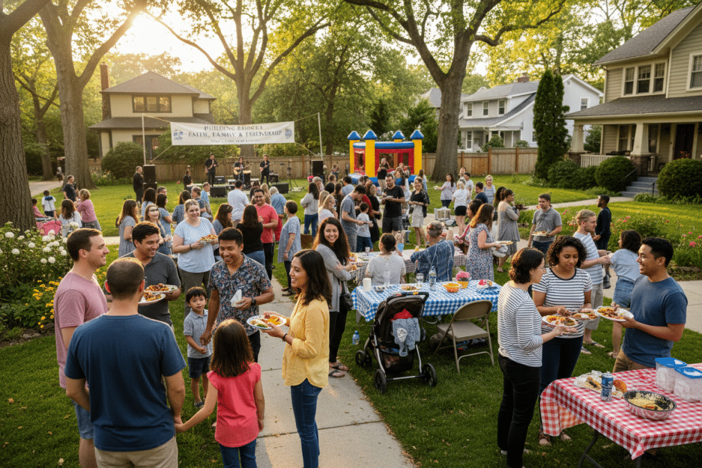 Church members gathering for community event in neighborhood