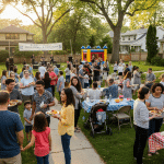 Church members gathering for community event in neighborhood