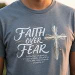 Close-up of Christian t shirt with powerful Scripture verse and cross design