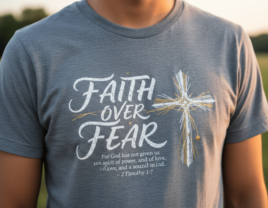 Close-up of Christian t shirt with powerful Scripture verse and cross design