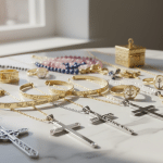 Collection of Christian jewelry including cross necklaces and Scripture bracelets displayed on elegant surface