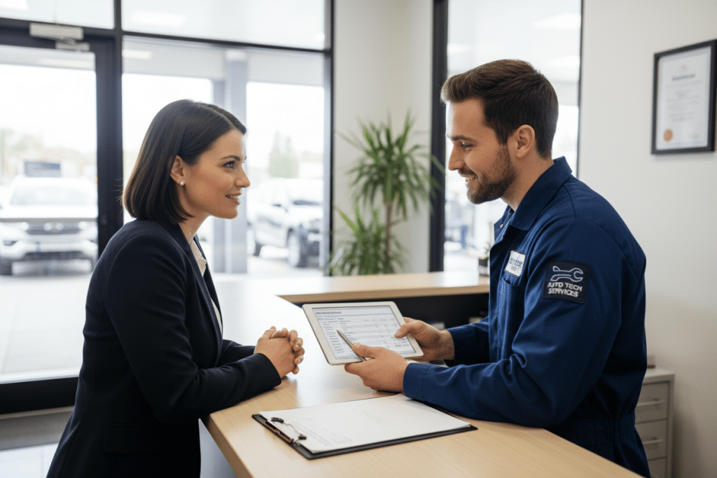 Customer consultation with Christian auto repair technician reviewing vehicle service estimate