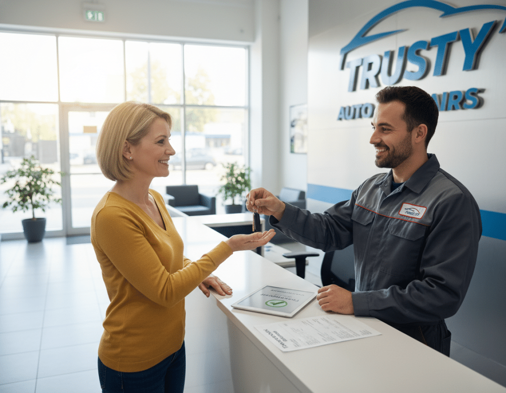 Customer receiving car keys after completed auto repair service