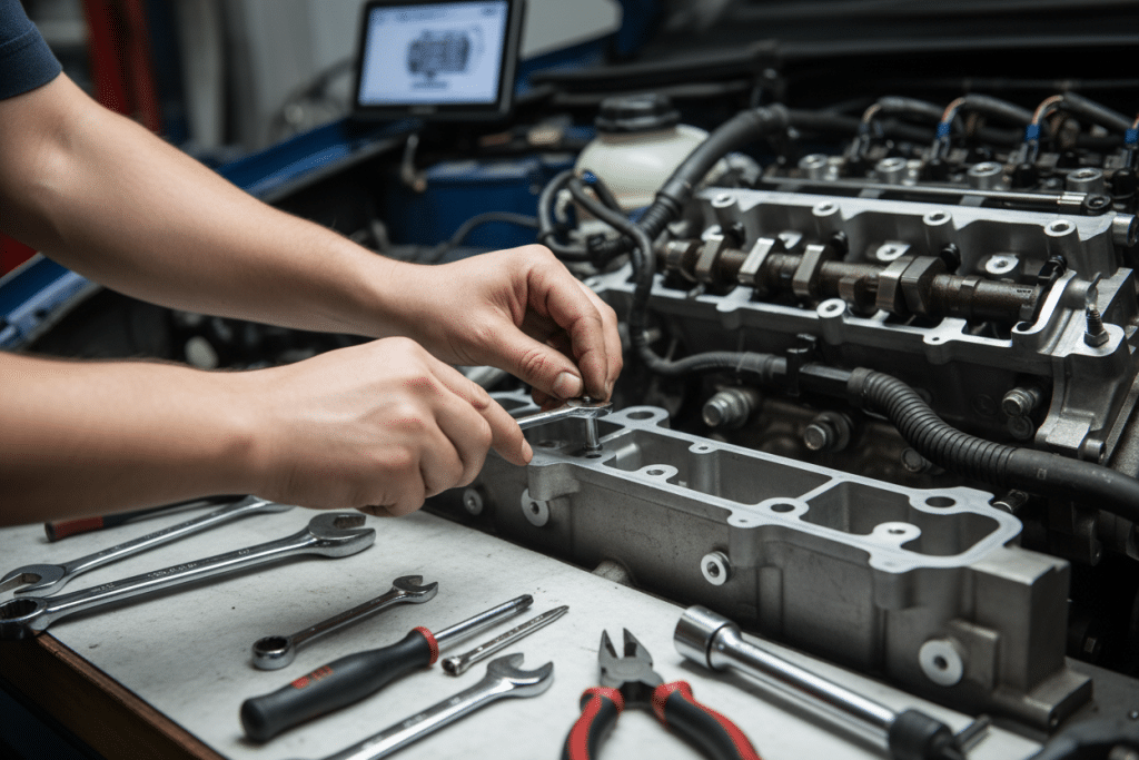 Detailed automotive repair work showing technical expertise and precision