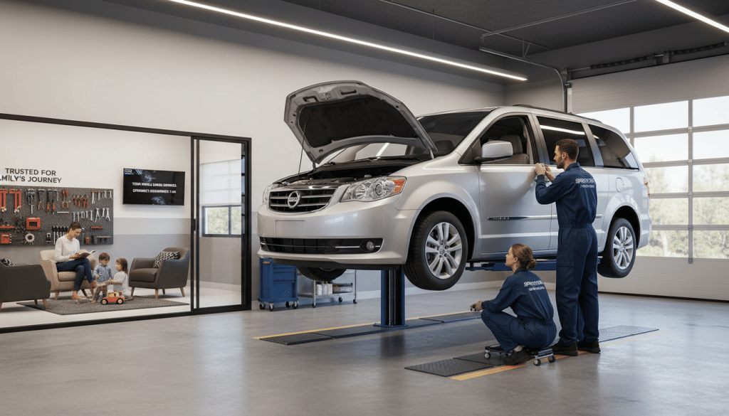 Family vehicle receiving maintenance service at Christian automotive center