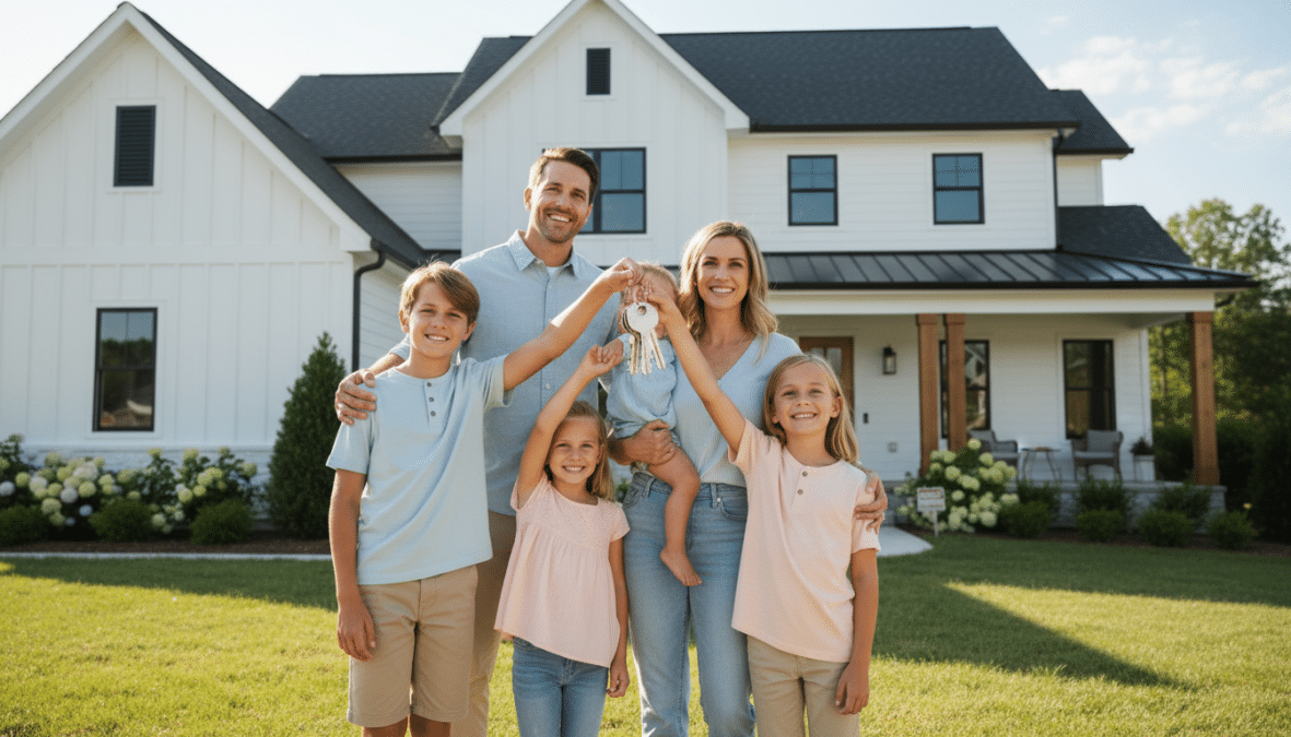Happy Christian family with keys to new home