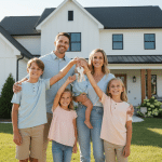 Happy Christian family with keys to new home