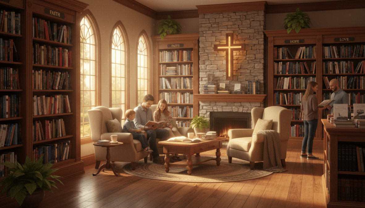 welcoming Christian bookstore interior with Bible displays and faith resources