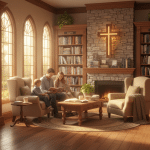 welcoming Christian bookstore interior with Bible displays and faith resources